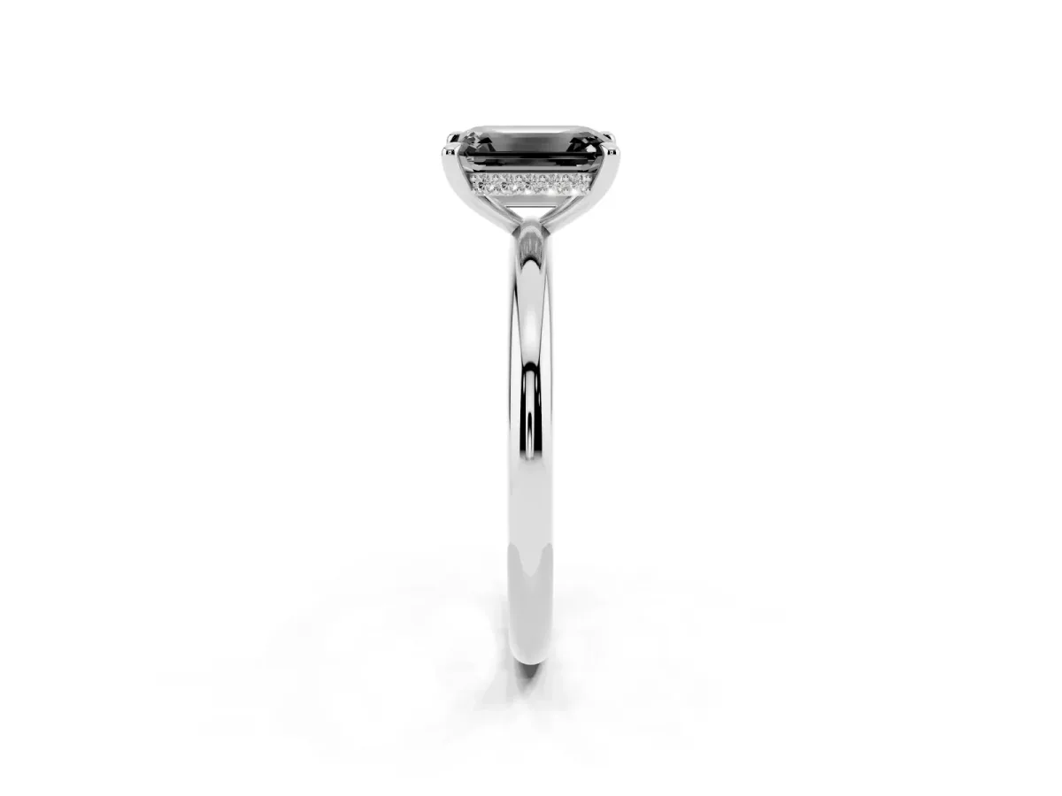 Fancy Black Emerald Cut Diamond Solitaire Ring with Thin Band and Four-Prong Setting Silver
