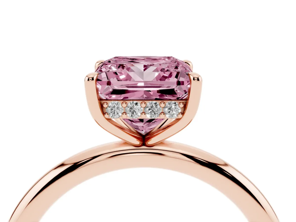 Fancy Pink Princess Cut Diamond Solitaire Ring with Thin Band and Four-Prong Setting Rose gold