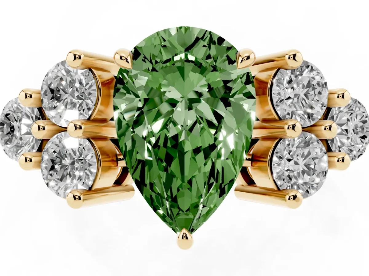 Fancy Green Pear Cut Brilliant Diamond Cluster Accent Solitaire Ring with Prong Setting Yellow gold