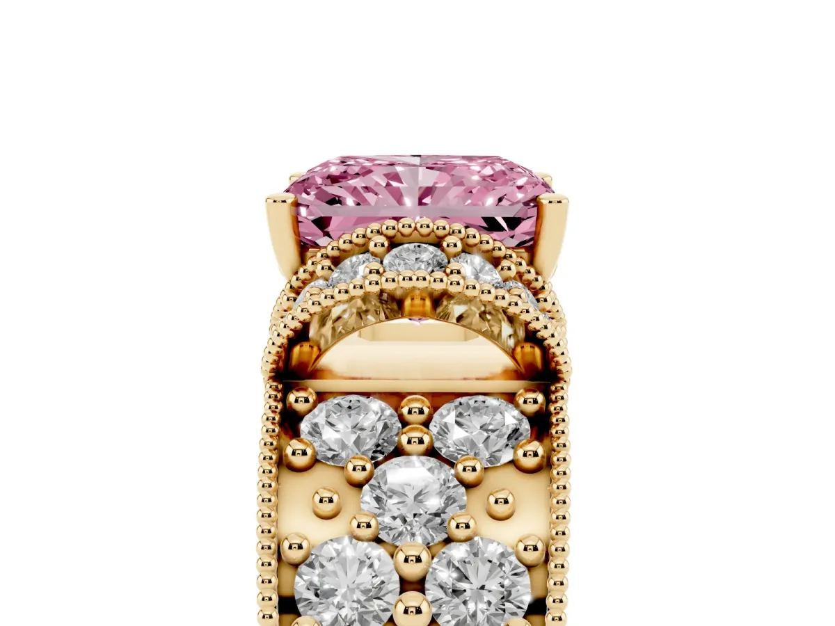Fancy Pink Radiant Cut Halo Pave Diamond Engagement Ring with Milgrain Detailing Yellow gold
