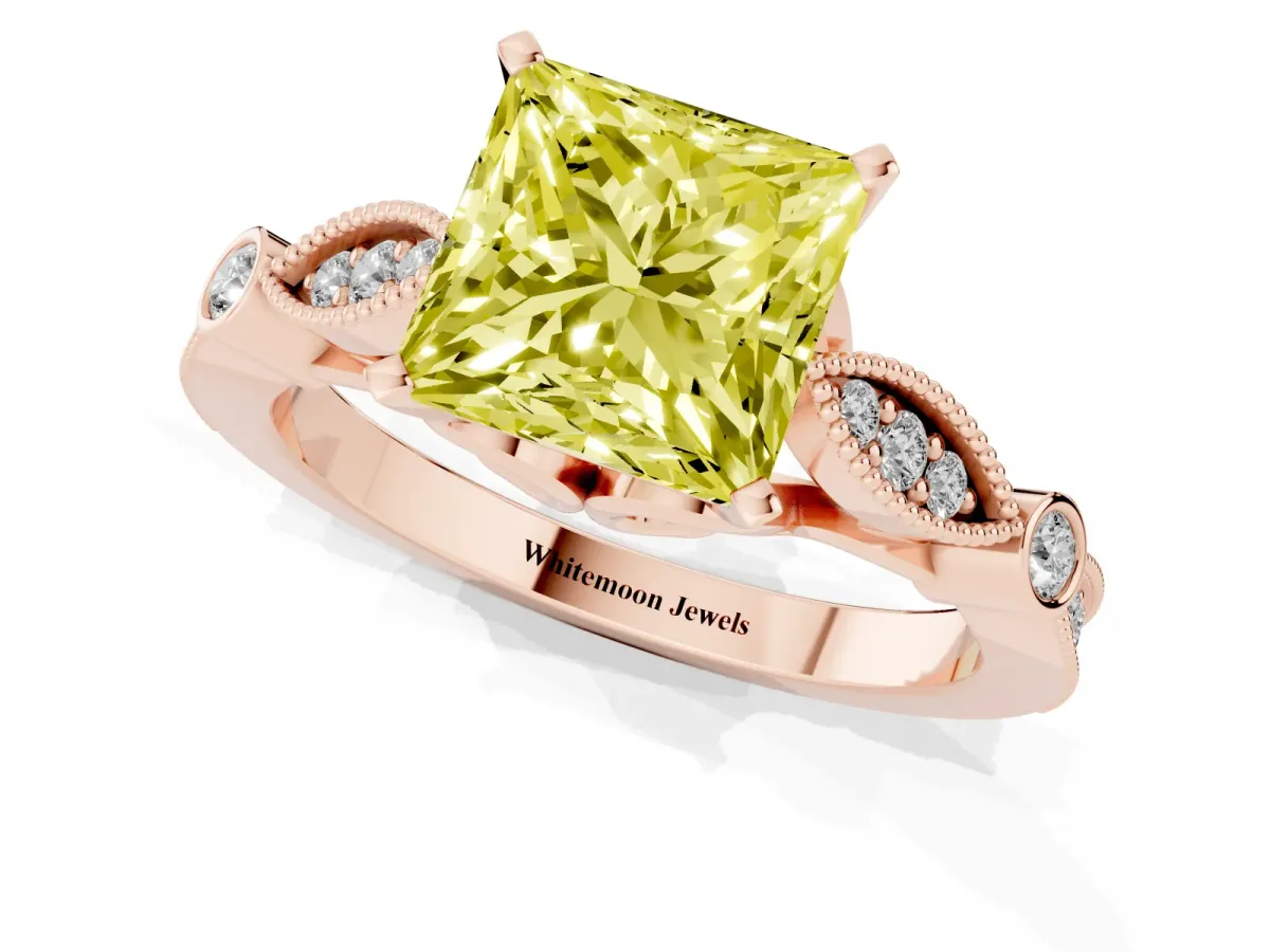 Fancy Yellow Princess Cut Cut Diamond with Milgrain Marquise and Bezel Accents on a Solitaire Band with Prong Setting Rose gold