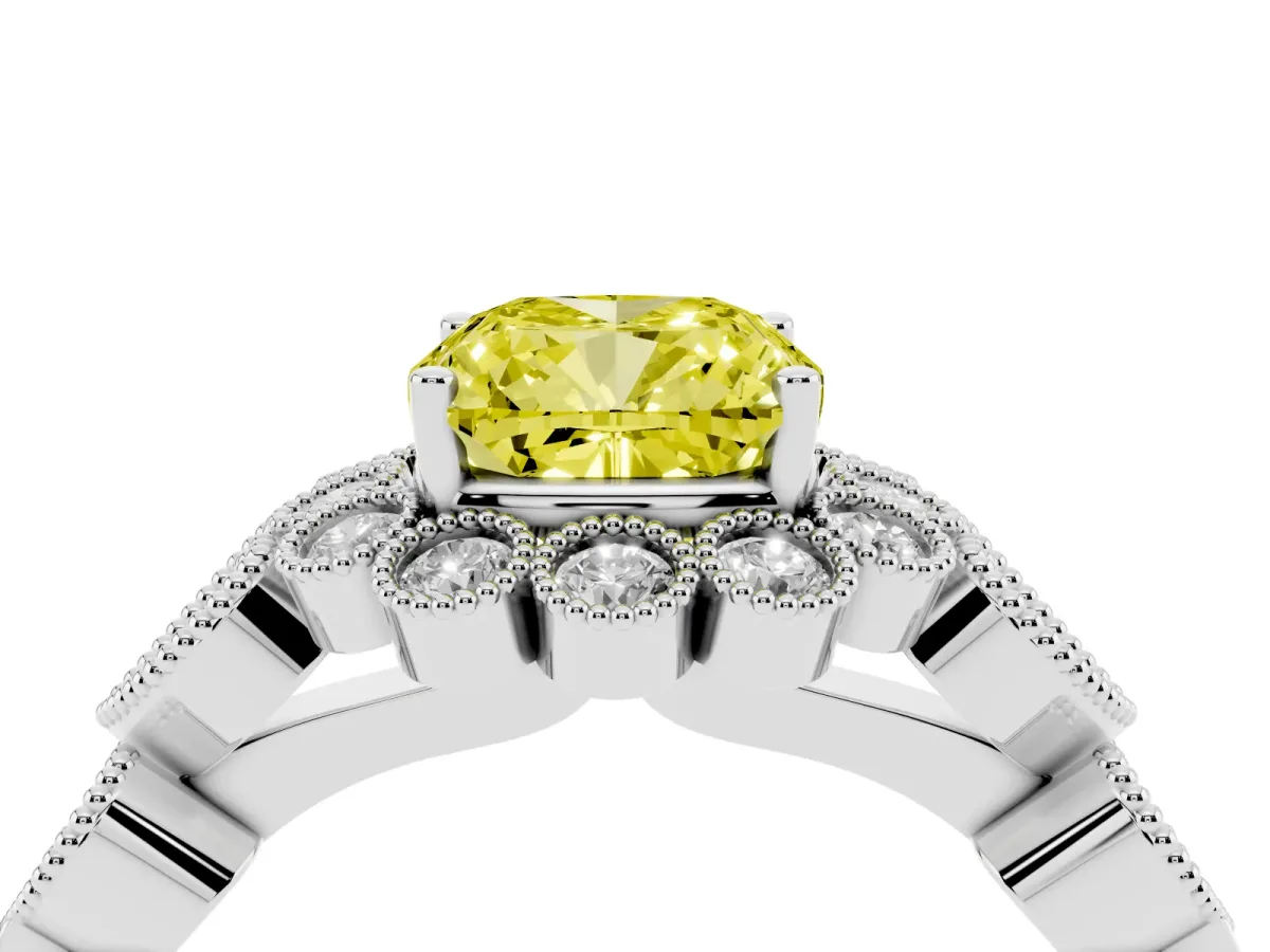 Fancy Yellow Cushion Cut Brilliant Milgrain Pave Heart Band Solitaire Ring White gold
