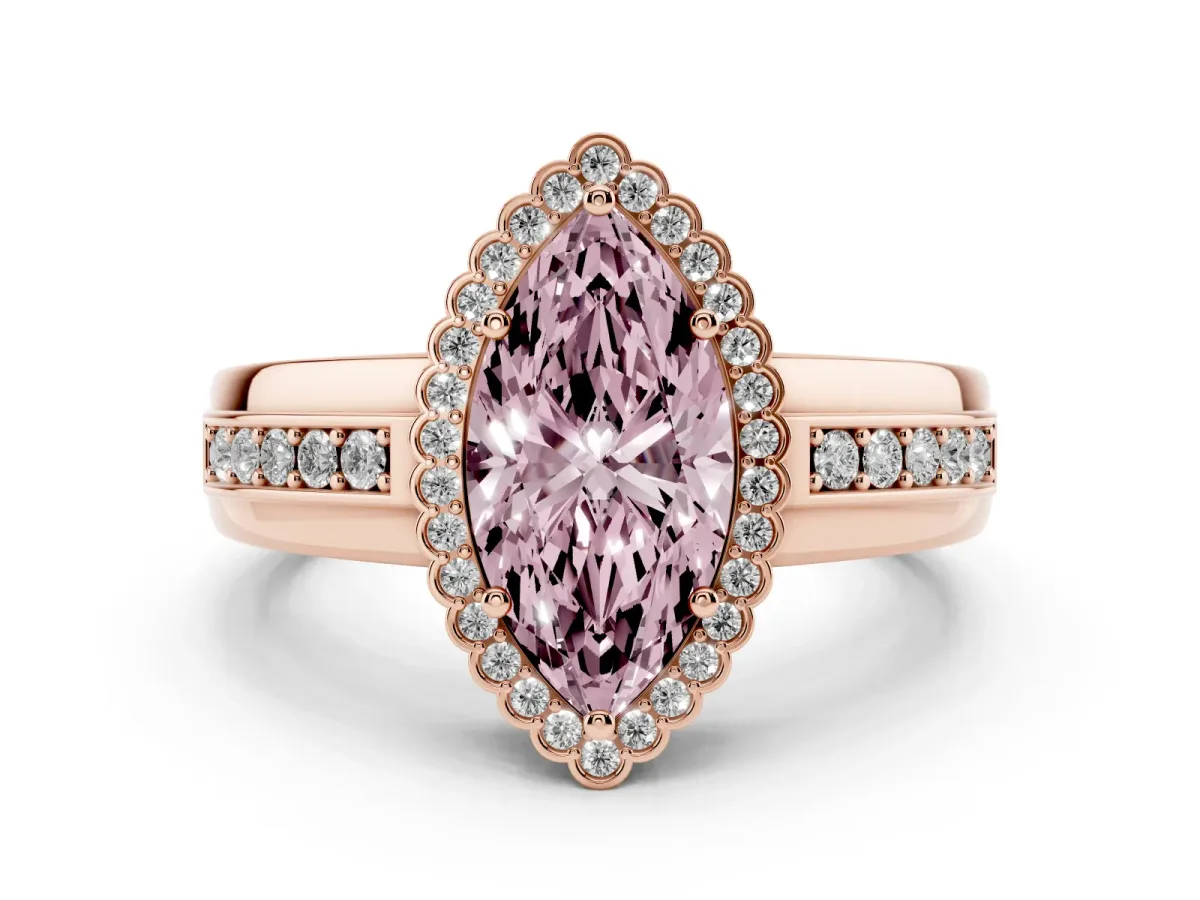 Fancy Pink Marquise Cut Cut Halo Pave Band Four-Prong Ring Rose gold