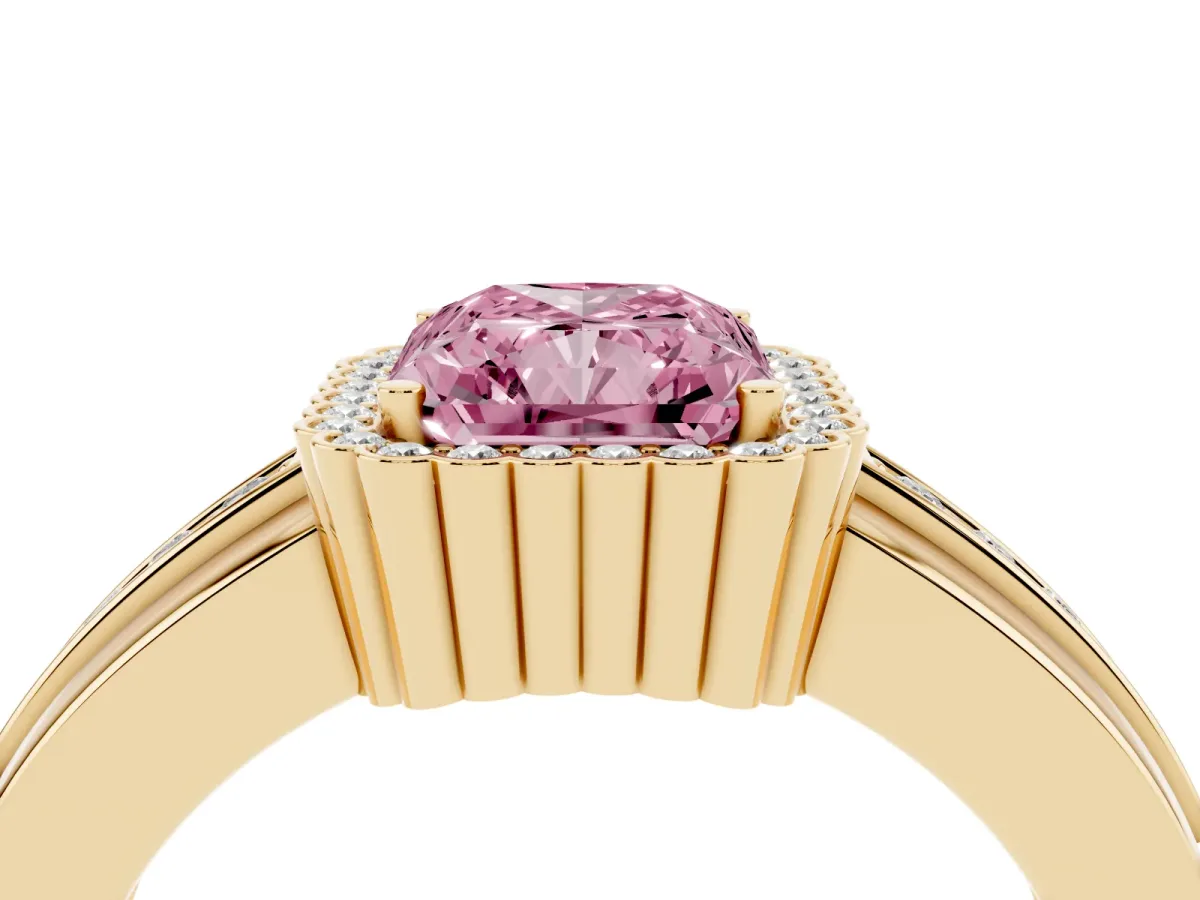 Fancy Pink Radiant Cut Cut Halo Pave Band Four-Prong Ring Yellow gold