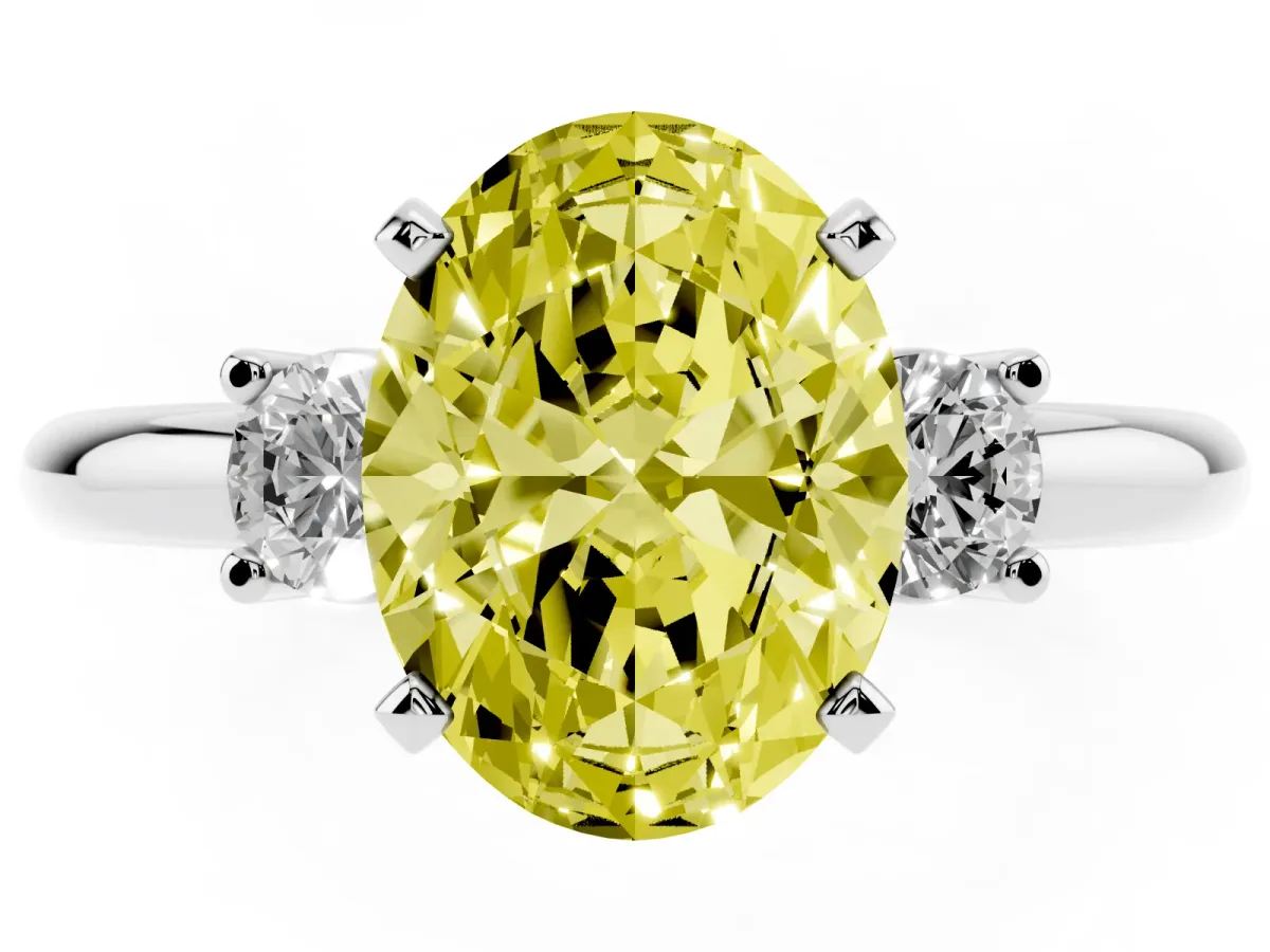 Fancy Yellow Three-Stone Oval Cut Cut Diamond Solitaire with Prong Setting and Classic Band Silver
