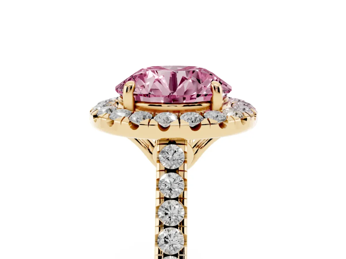 Fancy Pink Round Cut Halo Pavé Diamond Engagement Ring with Four-Prong Setting Yellow gold