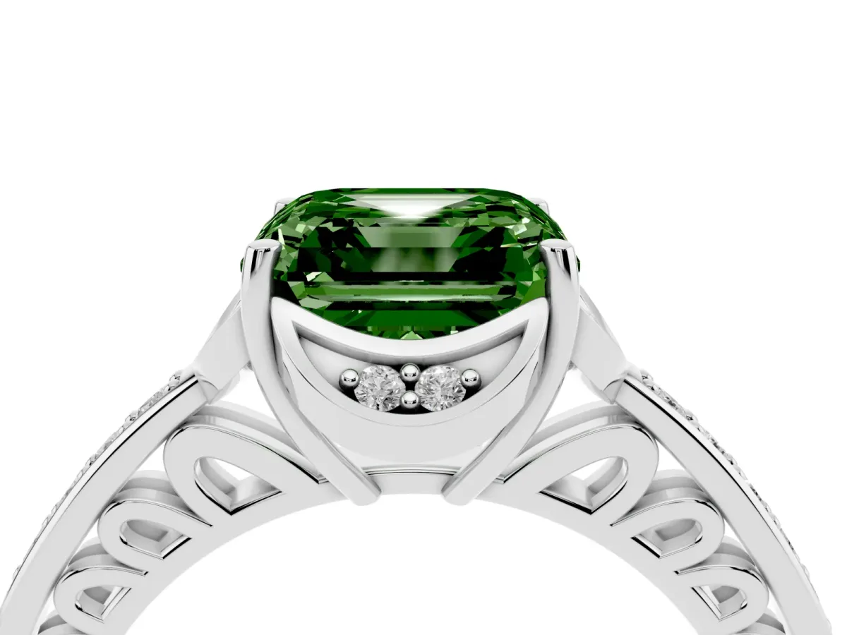 Fancy Green Asscher Cut Cut Halo Diamond Ring with Channel Set Band and Four-Prong Setting White gold