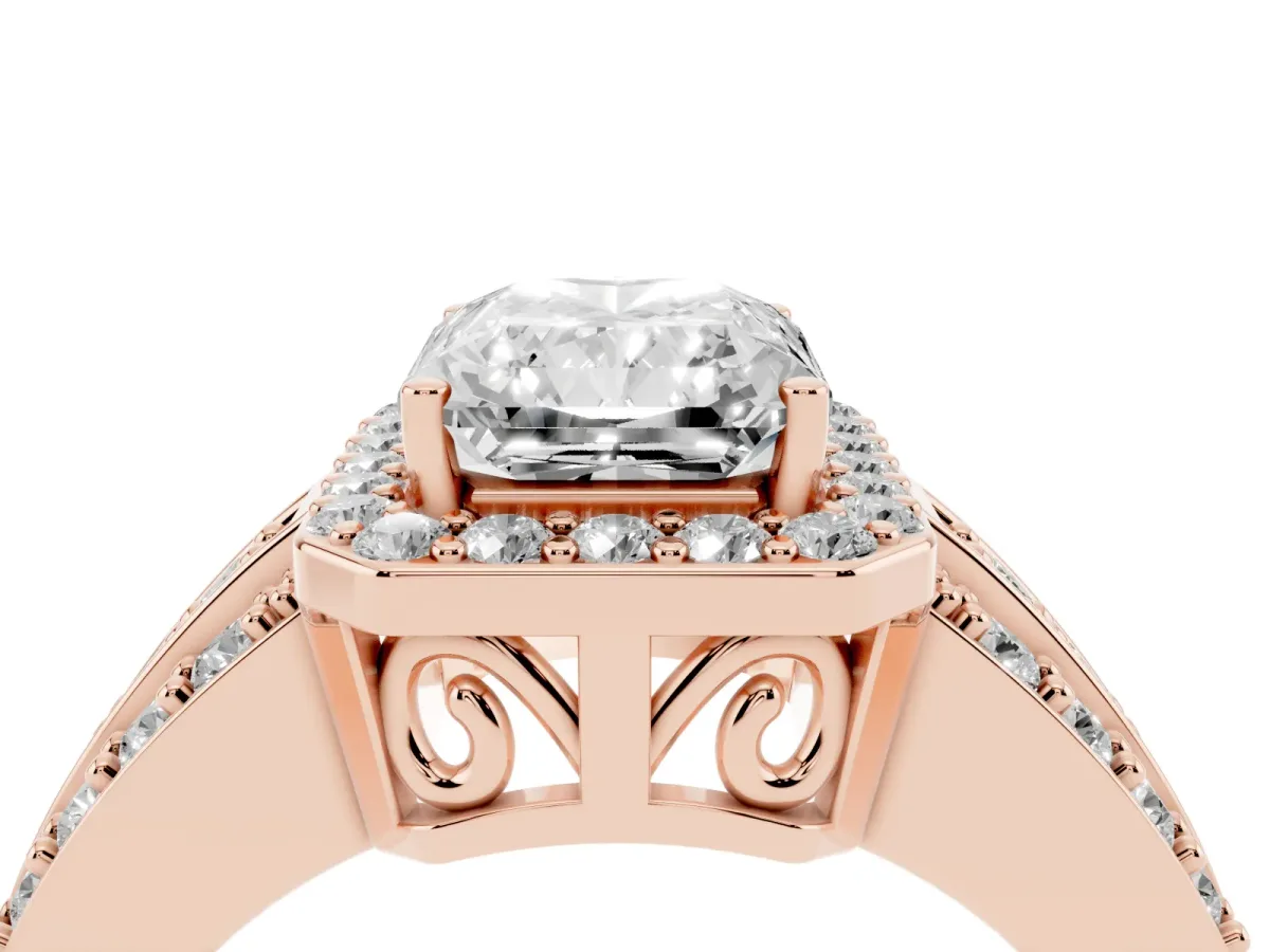 Radiant Cut Halo Diamond Ring with Round Split Shank and Prong Setting Rose gold