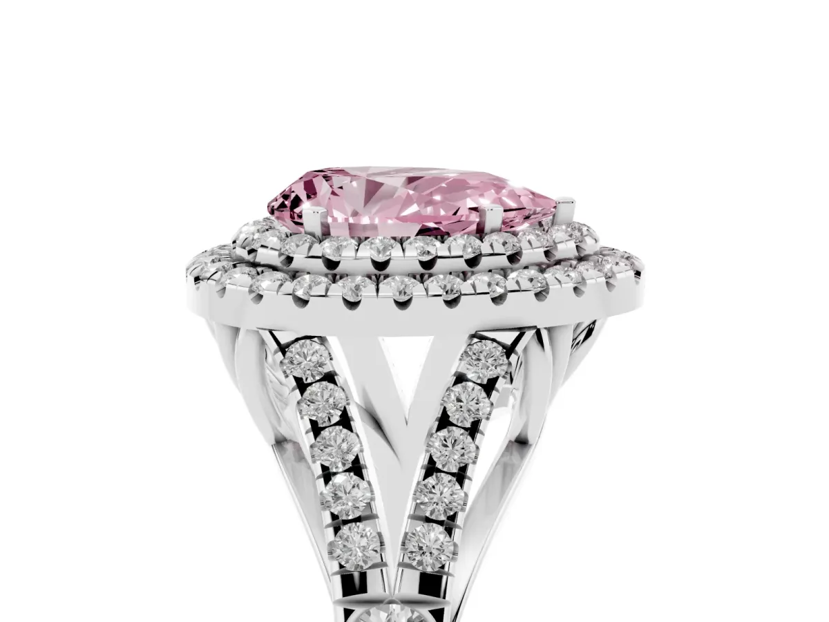 Fancy Pink Pear Cut Diamond Double Halo Ring with Split Shank and Prong Setting Platinum