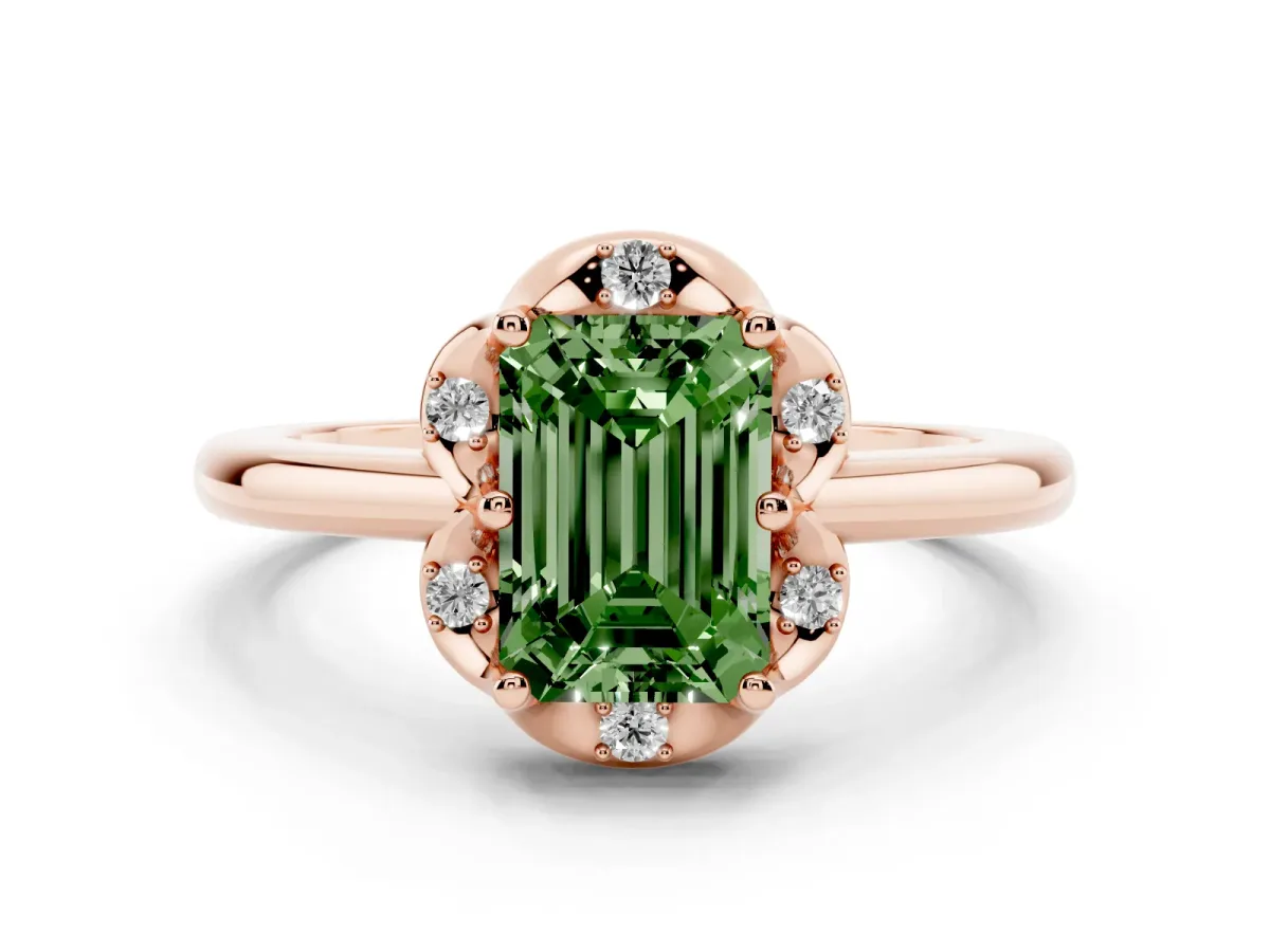 Fancy Green Emerald Cut Halo Diamond Ring with Round Cluster Setting, Solitaire Band, and Four-Prong Setting Rose gold