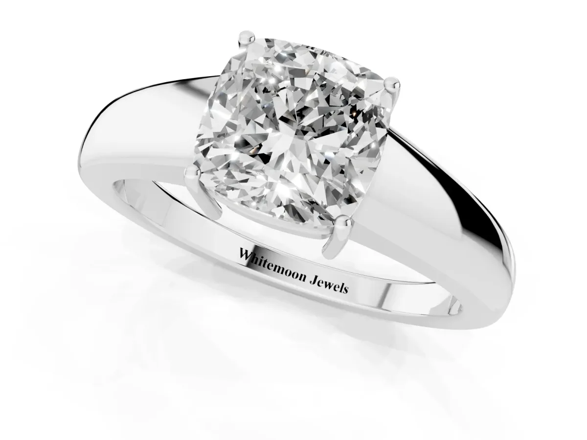 Cushion Cut Solitaire Diamond Ring with Tapered Band and Four-Prong Setting Silver