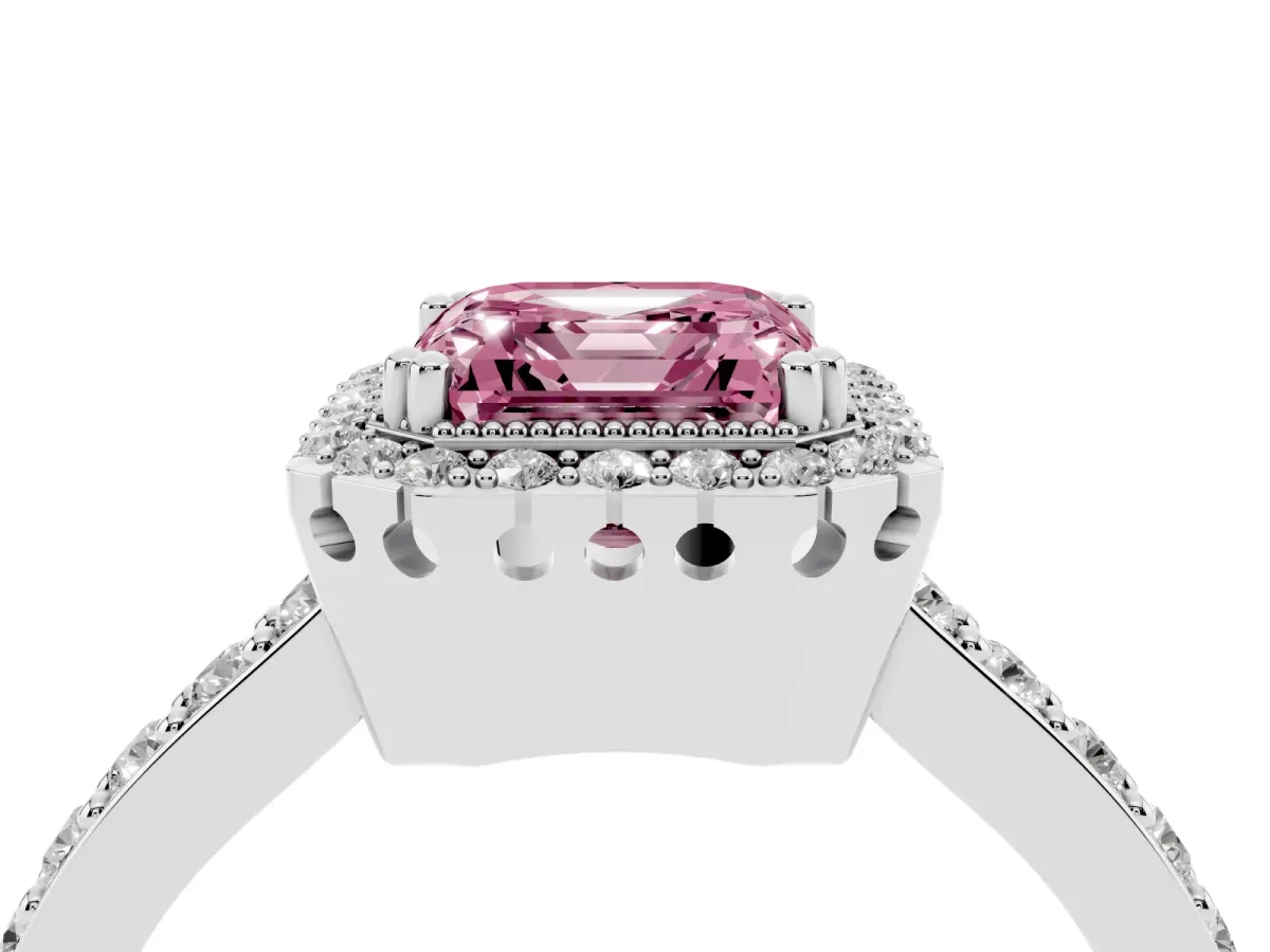 Fancy Pink Asscher Cut Cut Diamond Halo Engagement Ring with Milgrain Detail and Pavé Band White gold