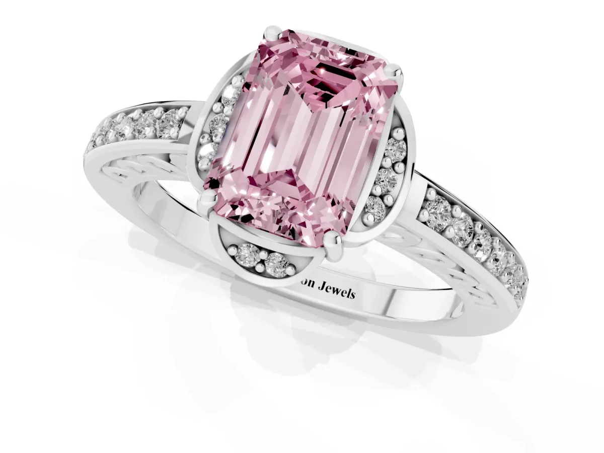 Fancy Pink Emerald Cut Cut Halo Diamond Ring with Channel Set Band and Four-Prong Setting White gold