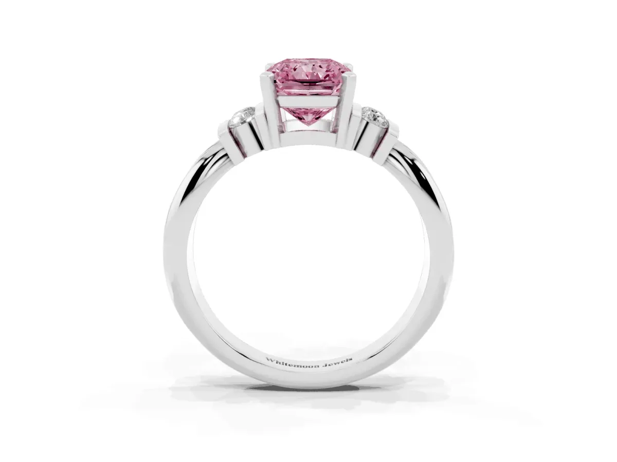 Fancy Pink Radiant Cut Cut Three-Stone Channel Set Ring with Bar Prongs Silver
