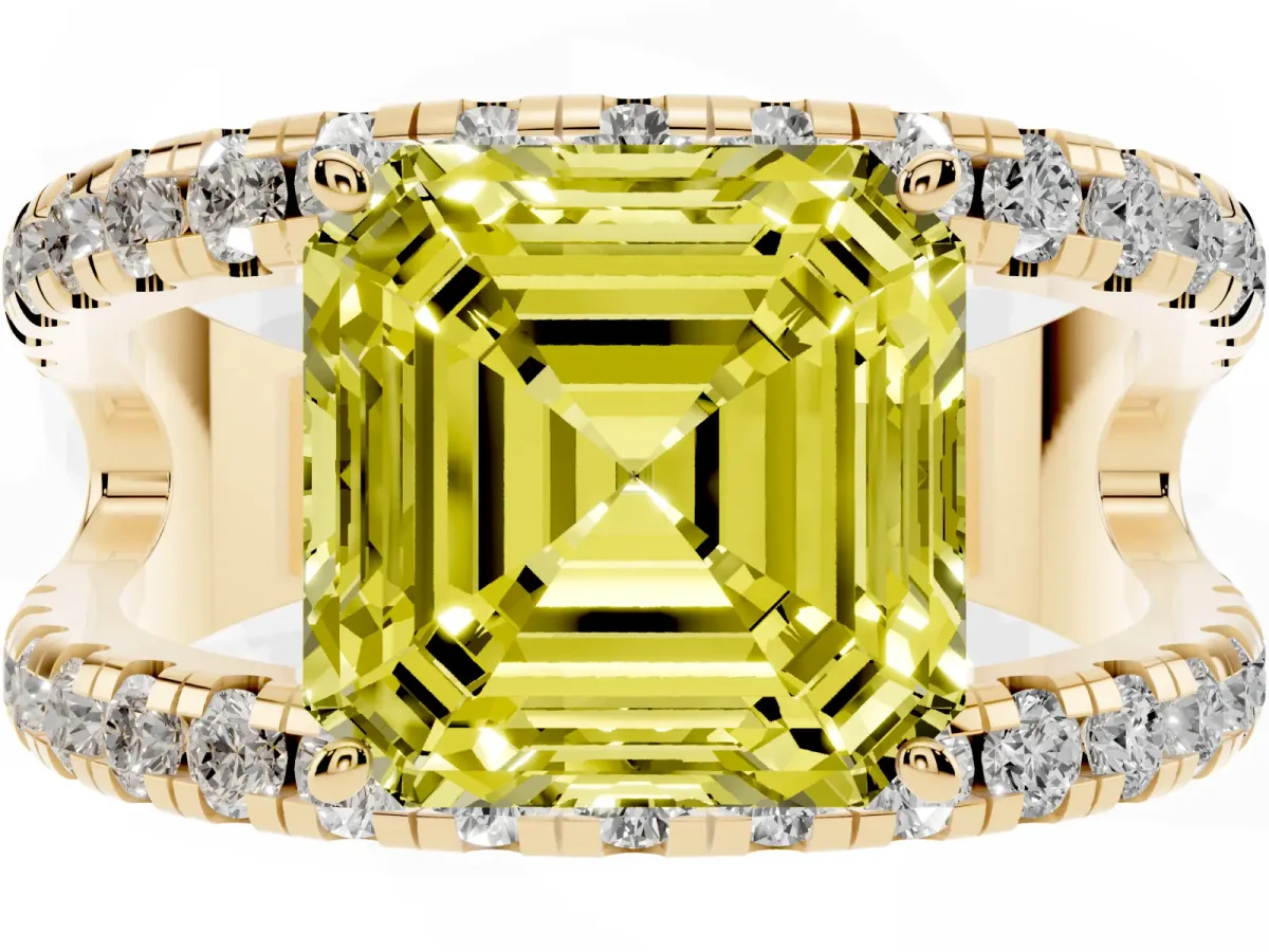 Fancy Yellow Asscher Cut Solitaire Split Shank Pave Diamond Ring Yellow gold
