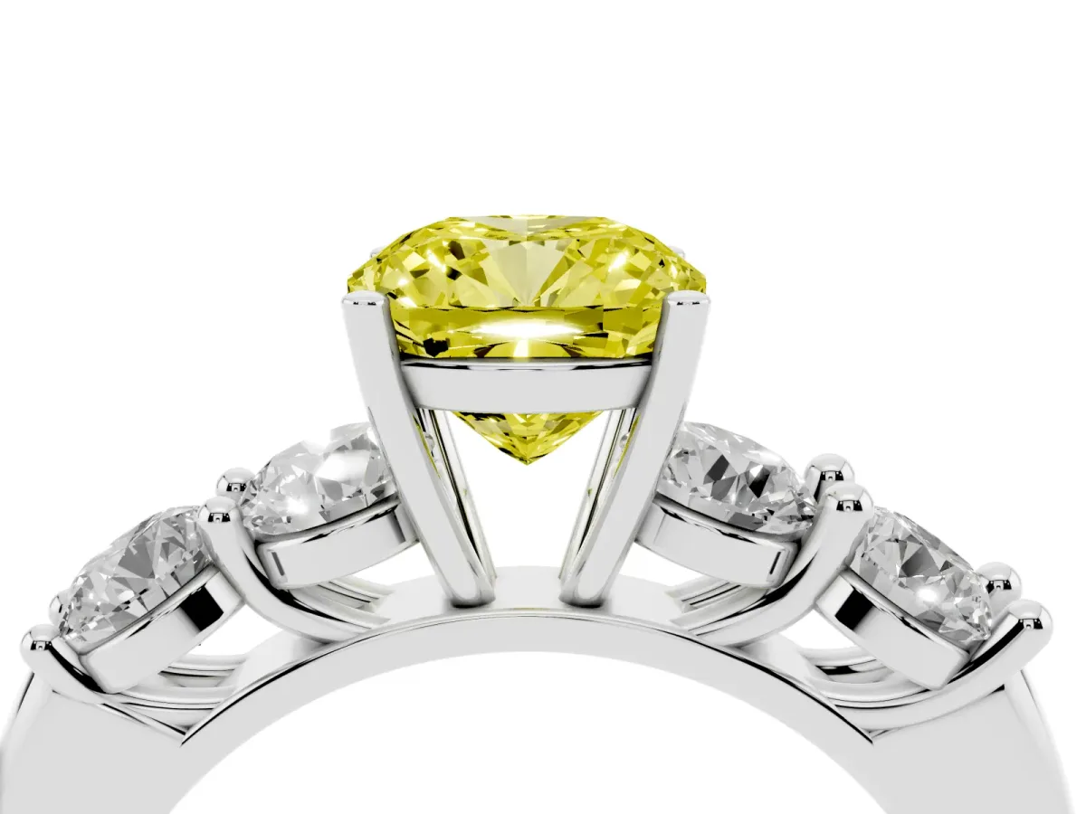 Fancy Yellow Cushion Cut Cut Five-Stone Prong Set Diamond Ring with Classic Band Silver