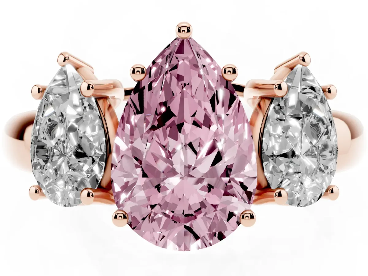 Fancy Pink Three-Stone Pear Cut Diamond Engagement Ring with Prong Setting Rose gold