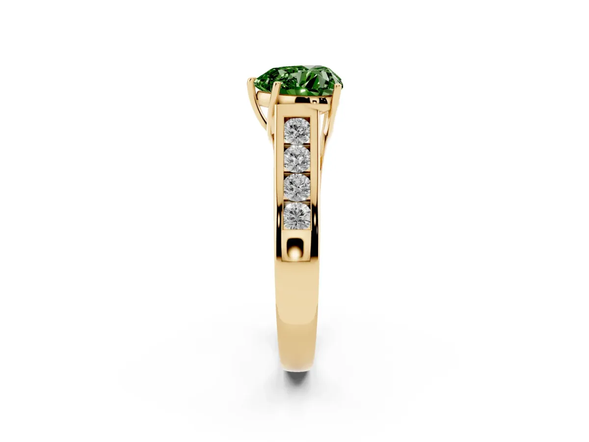 Fancy Green Heart Cut Solitaire Channel-Set Diamond Engagement Ring with Four-Prong Setting Yellow gold