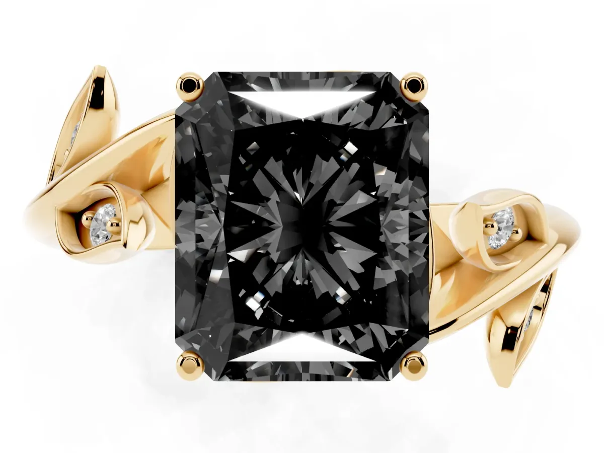 Fancy Black Radiant Cut Solitaire Twist Engagement Ring with Leaf Accents and Prong Setting Yellow gold