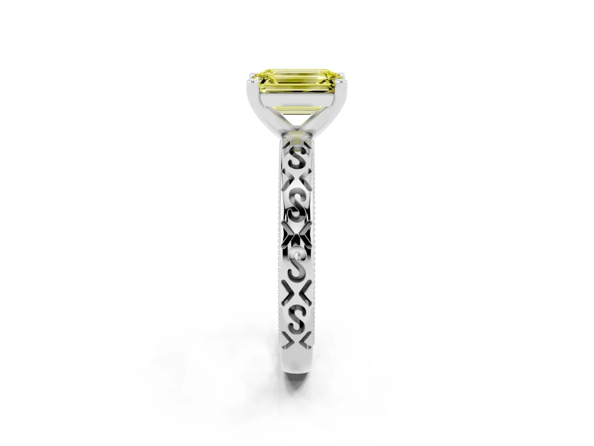 Fancy Yellow Emerald Cut Solitaire Engagement Ring with Scrollwork Band and Four-Prong Setting Silver