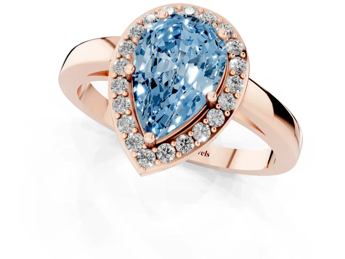 Fancy Blue Pear Cut Halo Diamond Ring with Solitaire Band and Prong Setting Rose gold