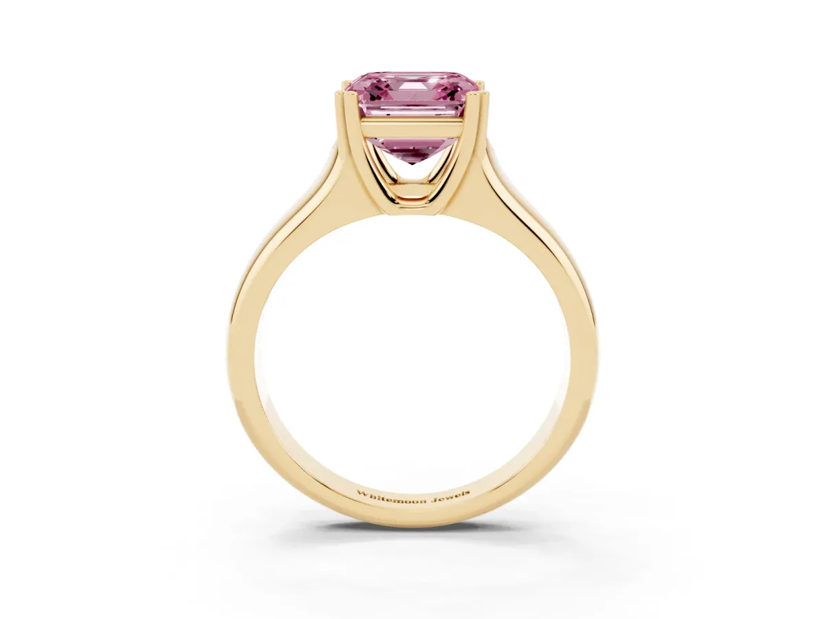 Fancy Pink Asscher Cut Diamond Solitaire Ring with Wide Band and Prong Setting Yellow gold