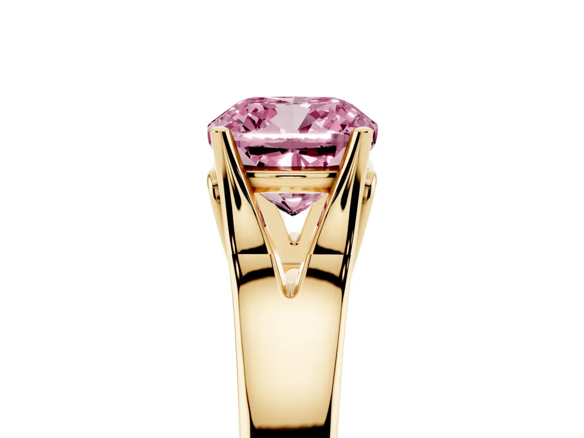 Fancy Pink Cushion Cut Solitaire Diamond Ring with Cathedral Band and Four-Prong Setting Yellow gold