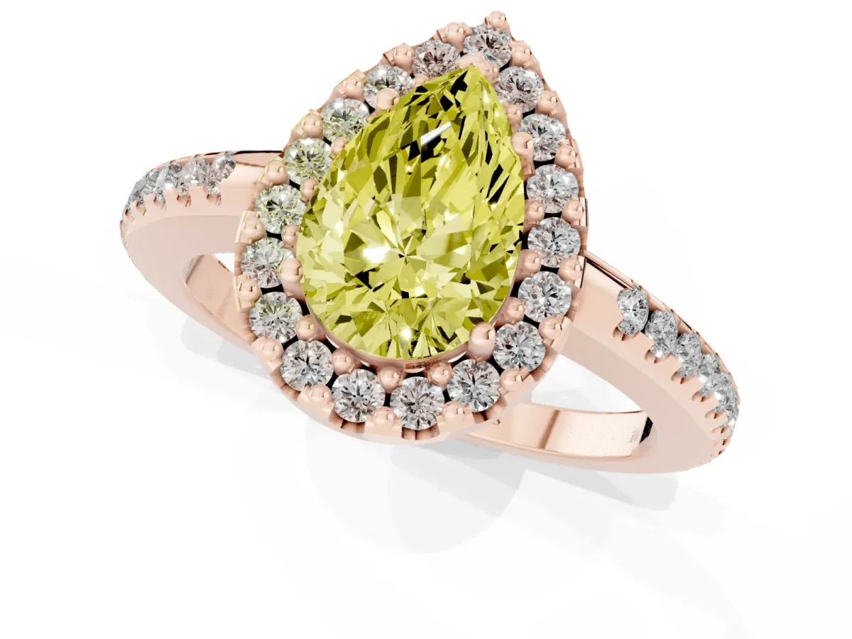 Fancy Yellow Pear Cut Diamond Pavé Halo Ring with Four-Prong Setting Rose gold