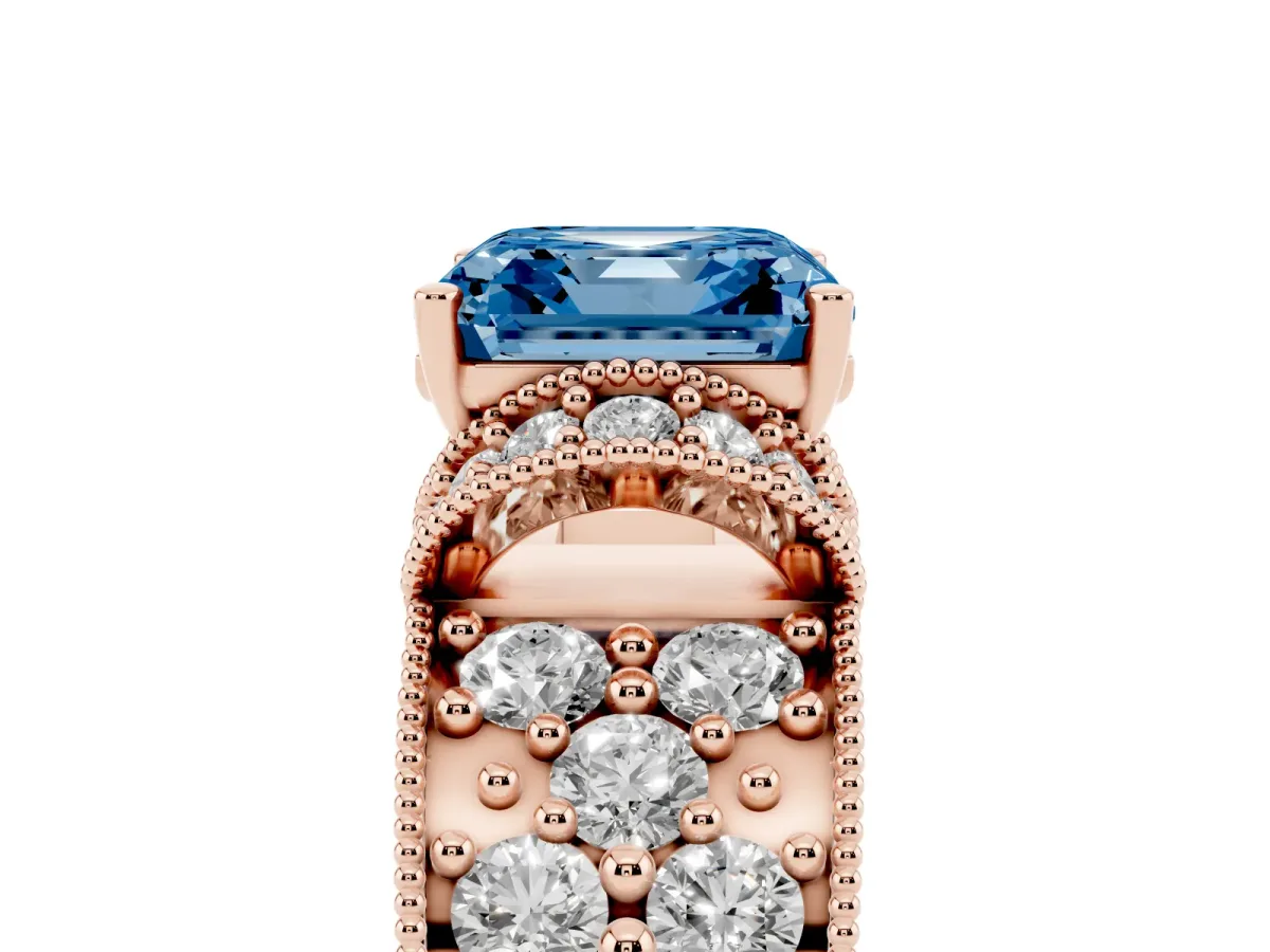 Fancy Blue Asscher Cut Halo Pave Diamond Engagement Ring with Milgrain Detailing Rose gold