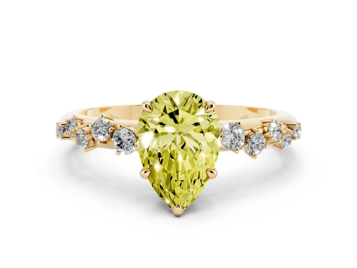 Fancy Yellow Pear Cut Diamond Cluster Prong-Set Solitaire Ring Yellow gold
