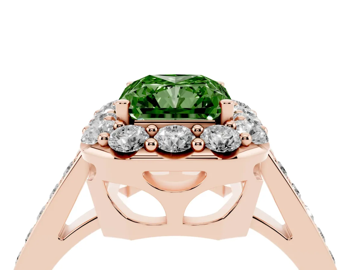 Fancy Green Radiant Cut Diamond Floral Halo Ring with Pavé Band and Prong Setting Rose gold