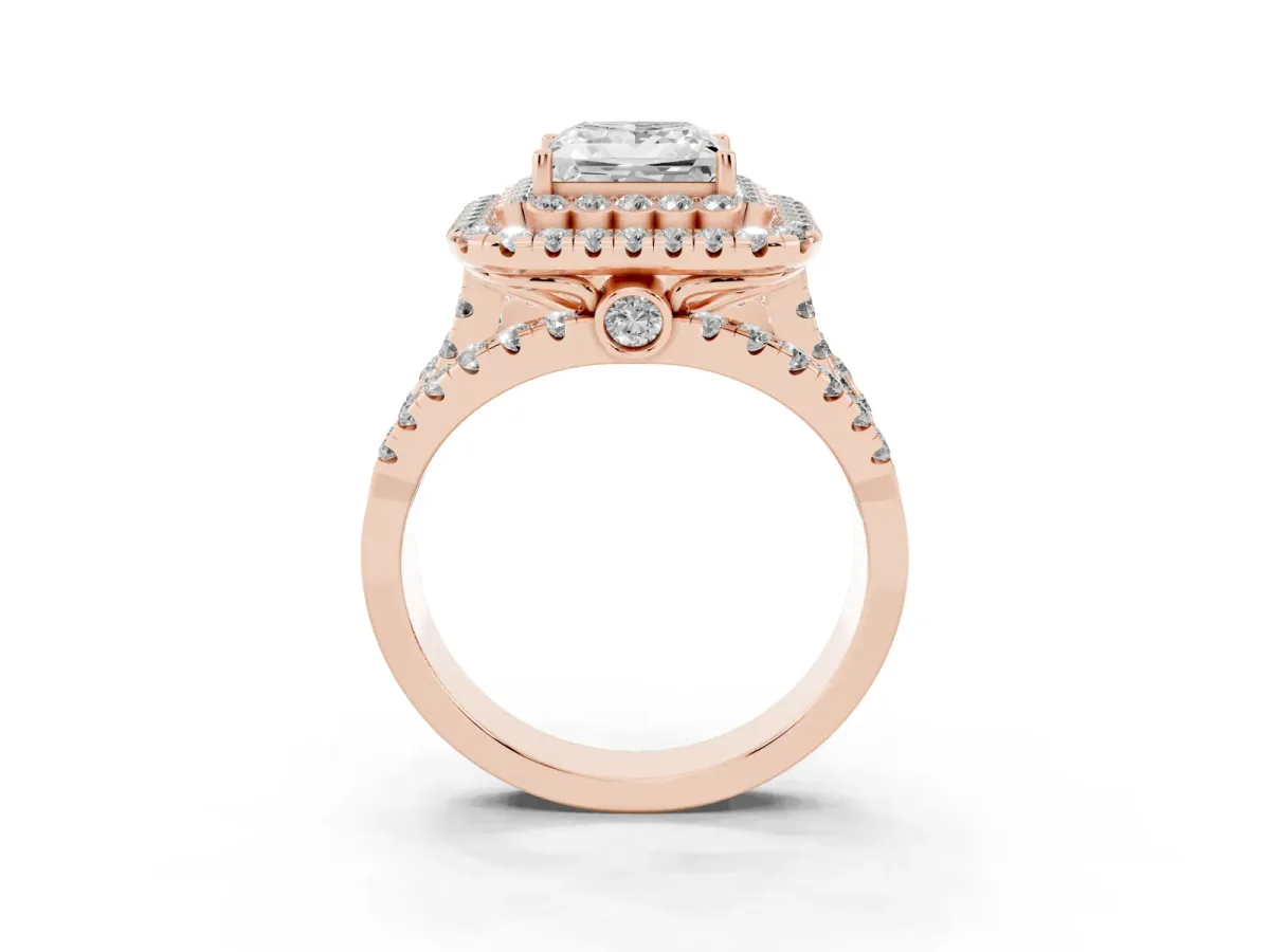 Princess Cut Diamond Double Halo Ring with Round Pavé Split Shank and Prong Setting Rose gold