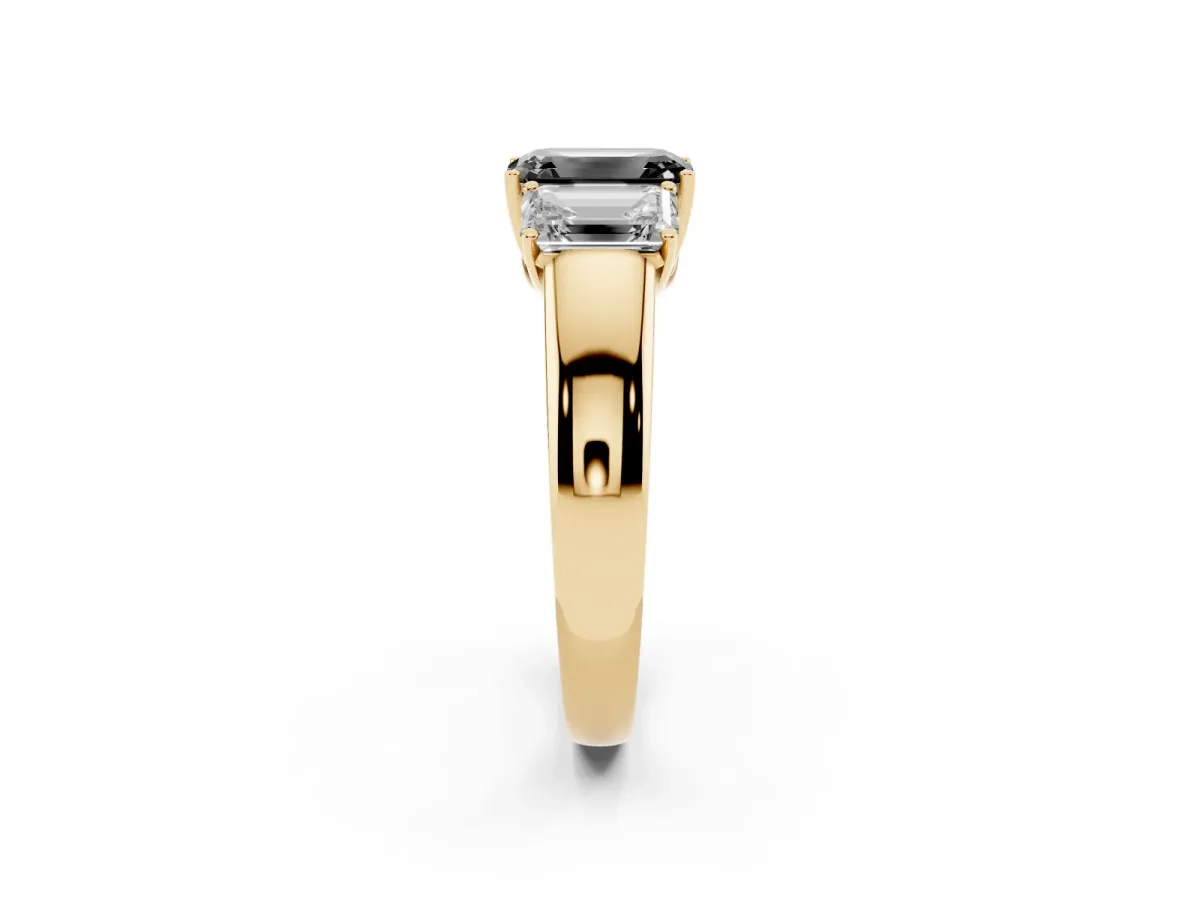 Fancy Black Three-Stone Emerald Cut Cut Diamond Ring with Prong Setting and Classic Band Yellow gold