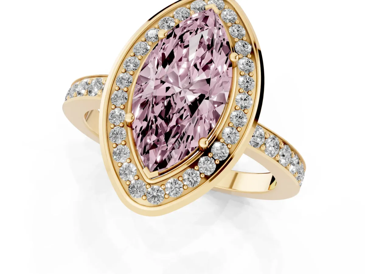 Fancy Pink Marquise Cut Diamond Halo Ring with Bezel Frame and Pavé Band Yellow gold