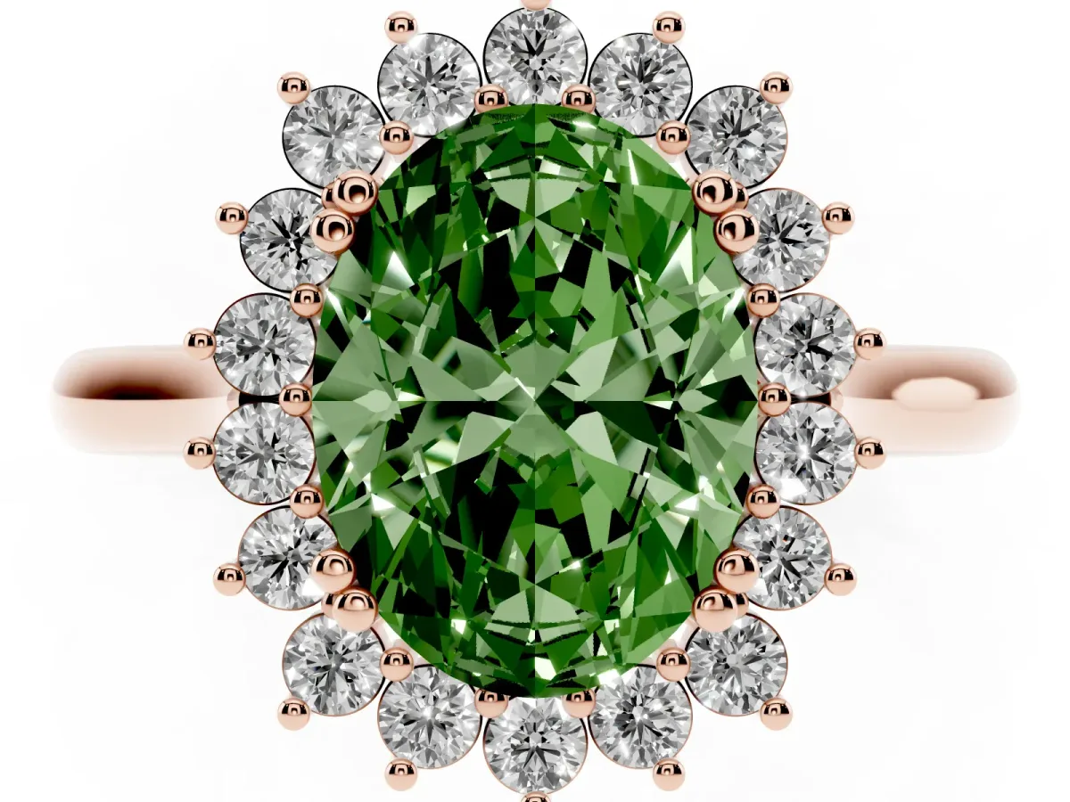 Fancy Green Oval Cut Cut Diamond Halo Ring with Solitaire Band and Prong Setting Rose gold