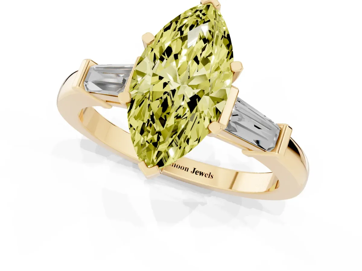 Fancy Yellow Marquise Cut Cut Diamond Solitaire Ring with Tapered Baguette Accents and Four-Prong Setting Yellow gold