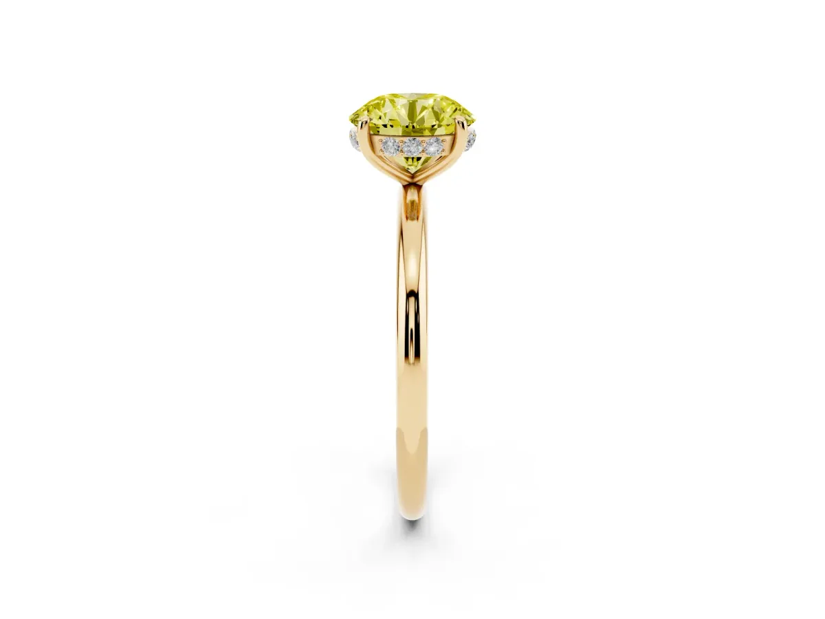 Fancy Yellow Round Cut Solitaire Diamond Ring with a Classic Band and Four-Prong Setting Yellow gold