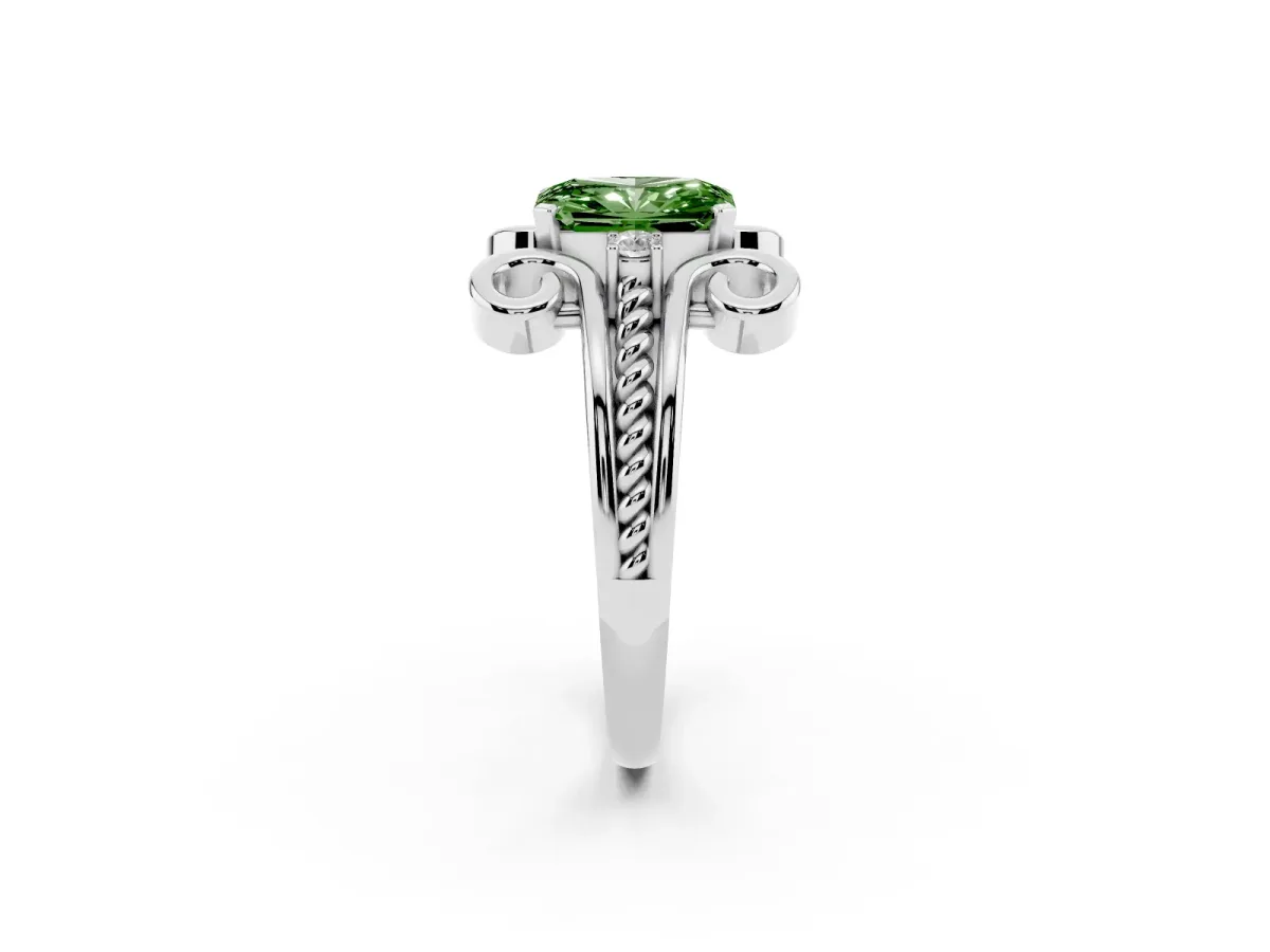 Fancy Green Radiant Cut Solitaire Twisted Band Scroll Prong Ring Silver