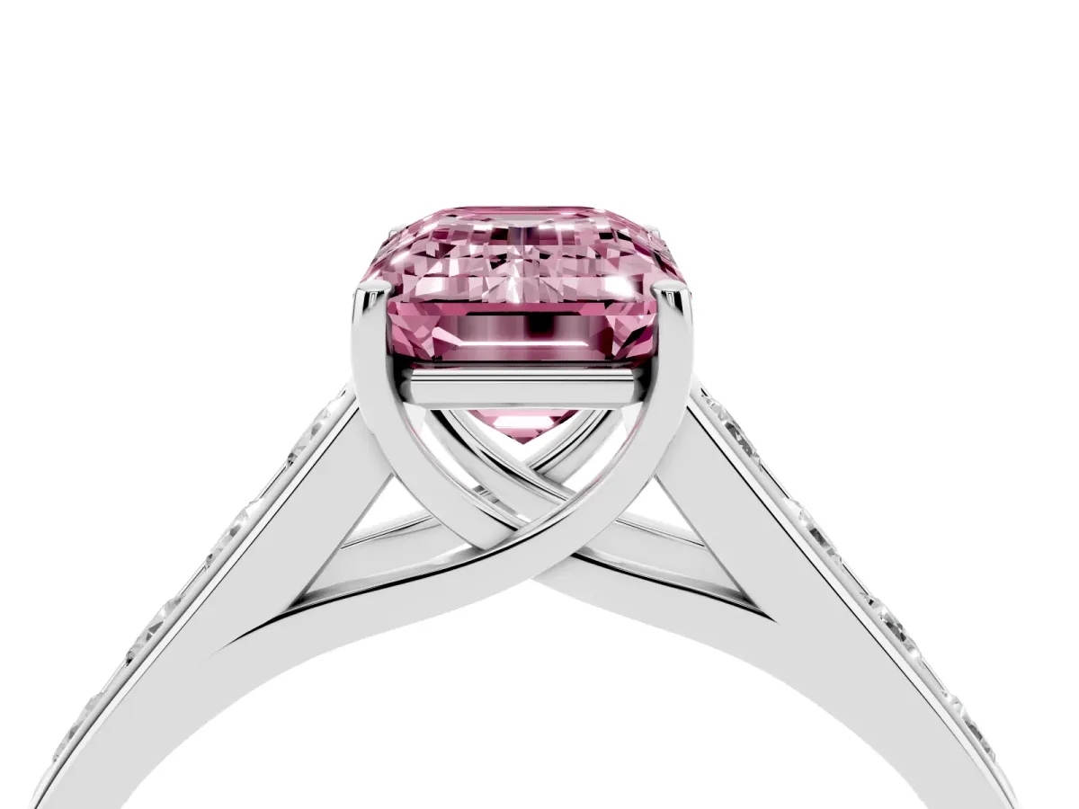 Fancy Pink Emerald Cut Brilliant Channel-Set Solitaire Ring with Four-Prong Setting Platinum