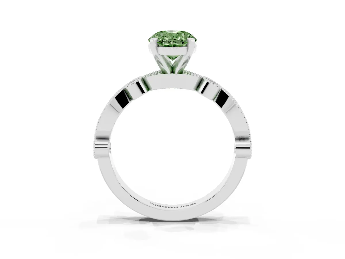 Fancy Green Oval Cut Milgrain Bezel Diamond Engagement Ring with Solitaire Prong Setting Platinum