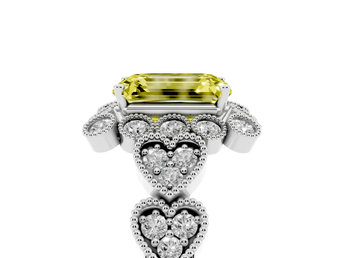 Fancy Yellow Emerald Cut Brilliant Milgrain Pave Heart Band Solitaire Ring Silver