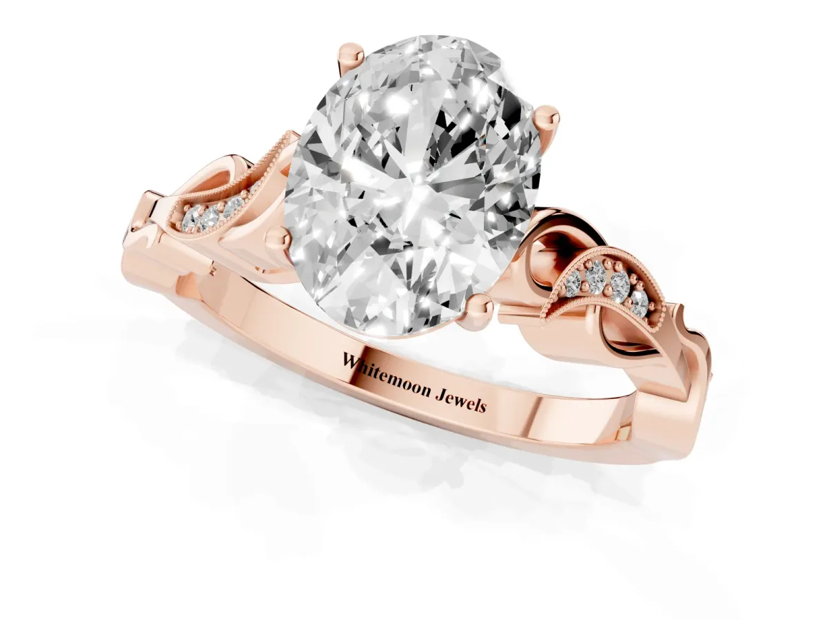 Oval Cut Solitaire Vine Band with Milgrain Prong Setting Rose gold