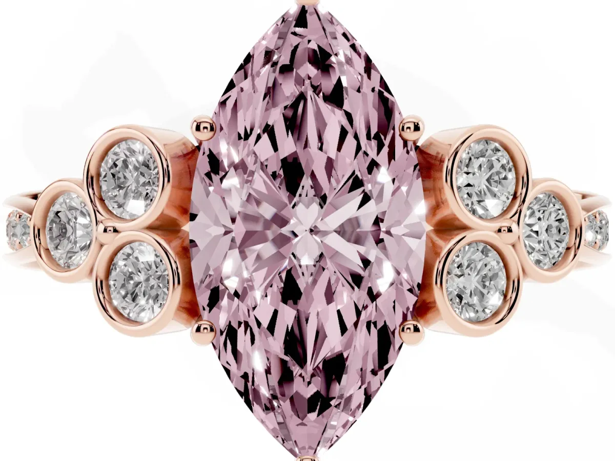 Fancy Pink Marquise Cut Cut Diamond Engagement Ring with Bezel Set Round Side Stones and Prong Setting Rose gold