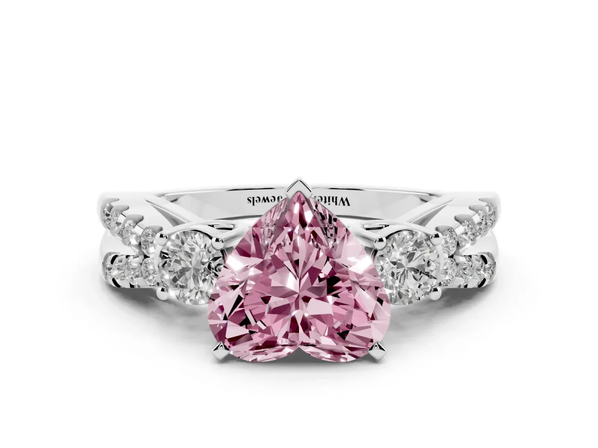 Fancy Pink Heart Cut Diamond Three-Stone Ring with Pavé Split Shank and Four-Prong Setting Platinum