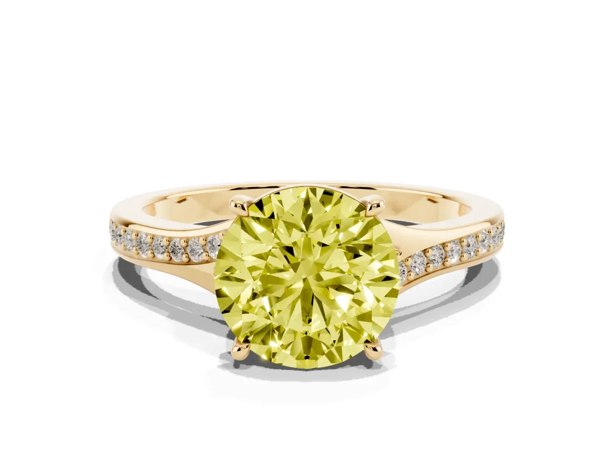 Fancy Yellow Round Cut Diamond Solitaire Ring with Pavé Band and Prong Setting Yellow gold
