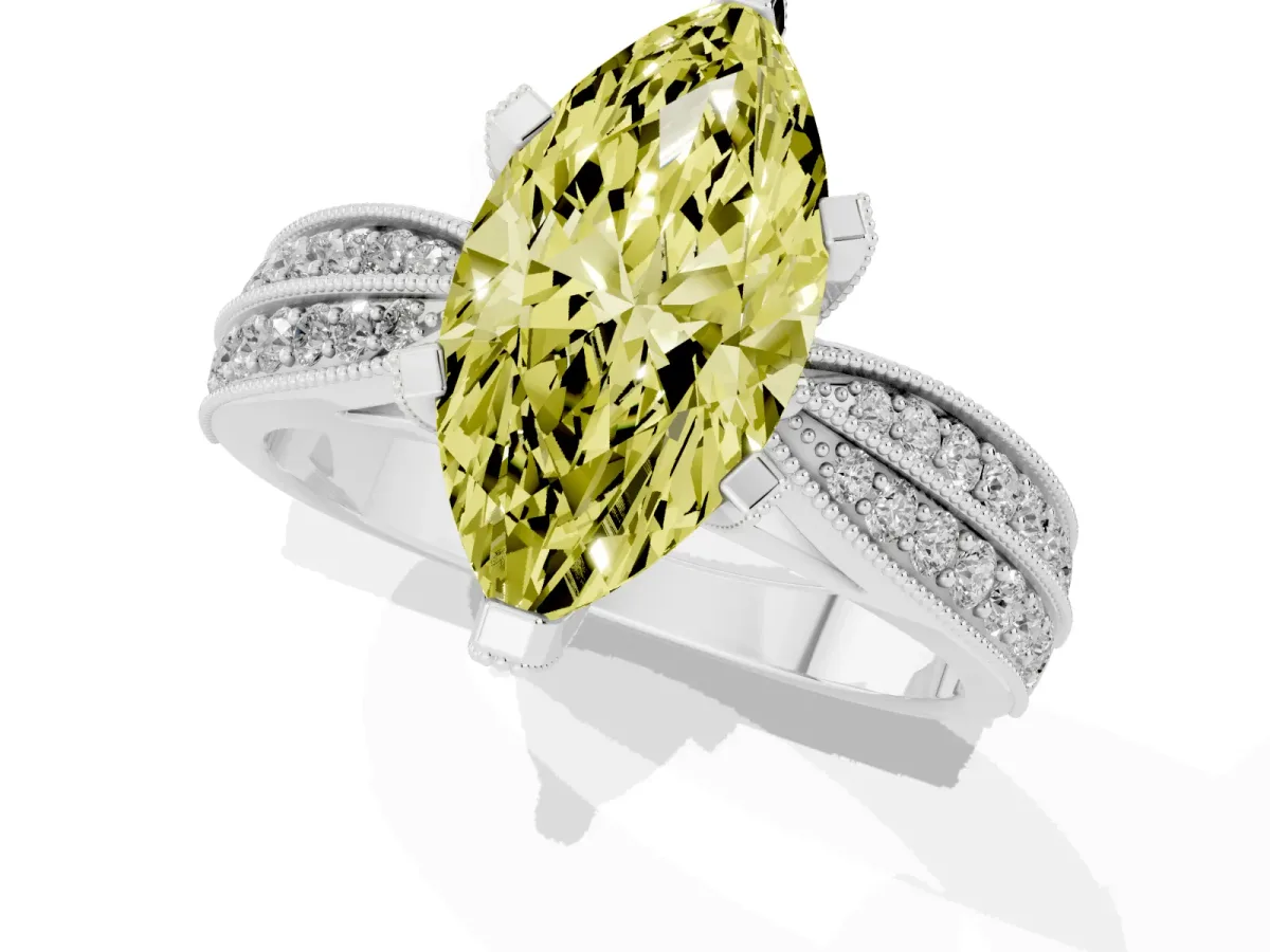 Fancy Yellow Marquise Cut Diamond Solitaire Ring with Milgrain Round Pavé Band and Prong Setting Silver