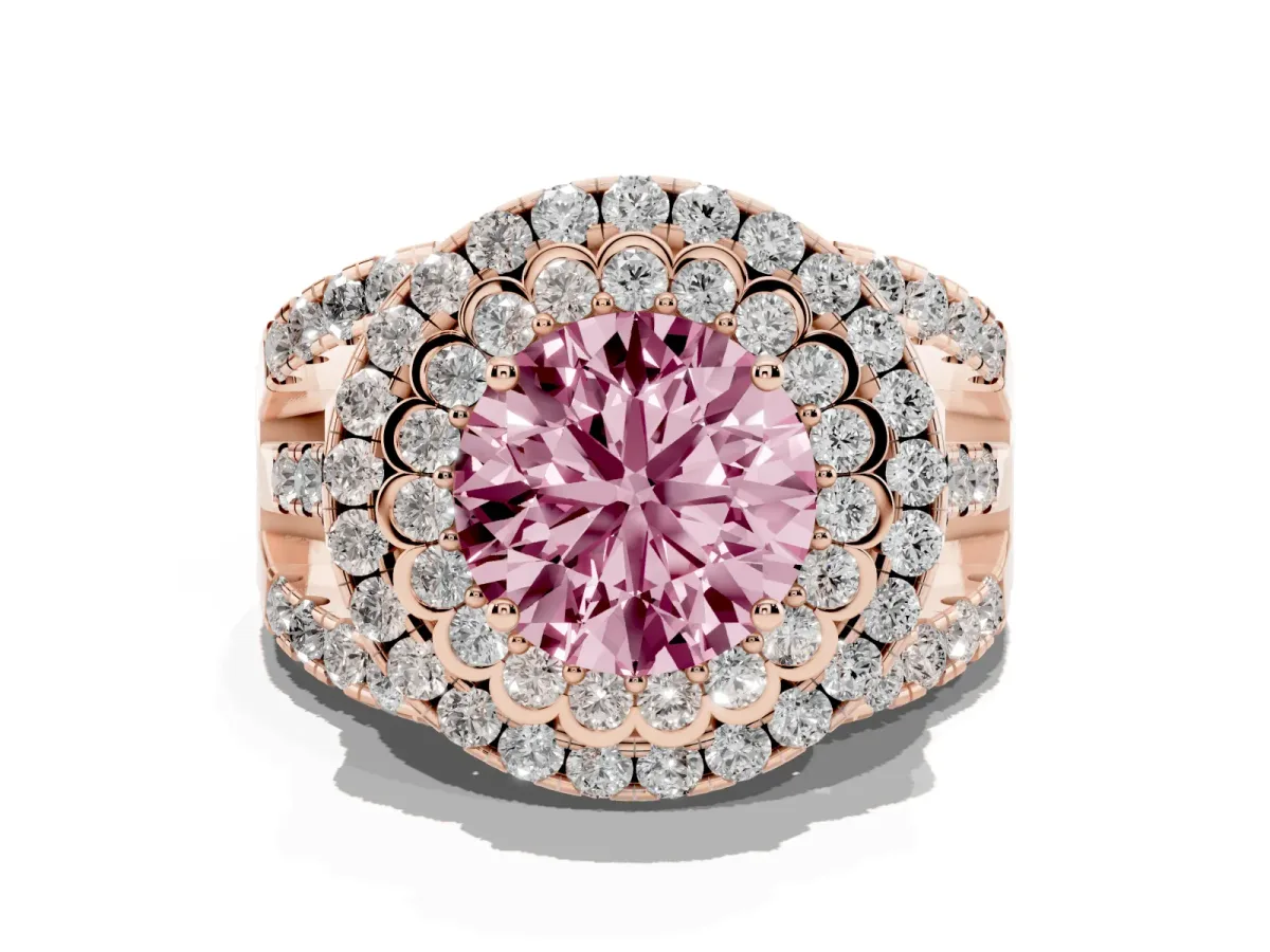 Fancy Pink Round Cut Diamond Double Halo Ring with Round Pavé Split Shank and Prong Setting Rose gold