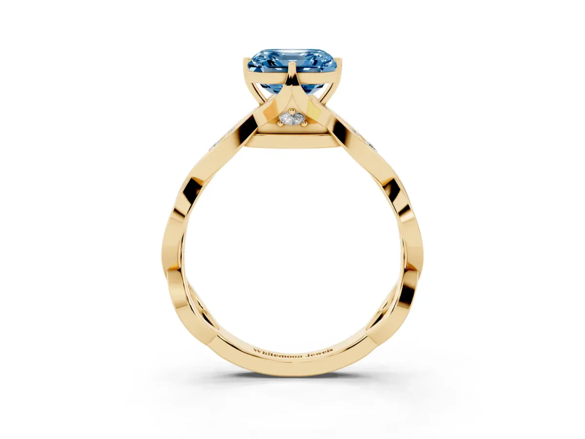 Fancy Blue Asscher Cut Solitaire Twist Band with Leaf Prong Setting Yellow gold