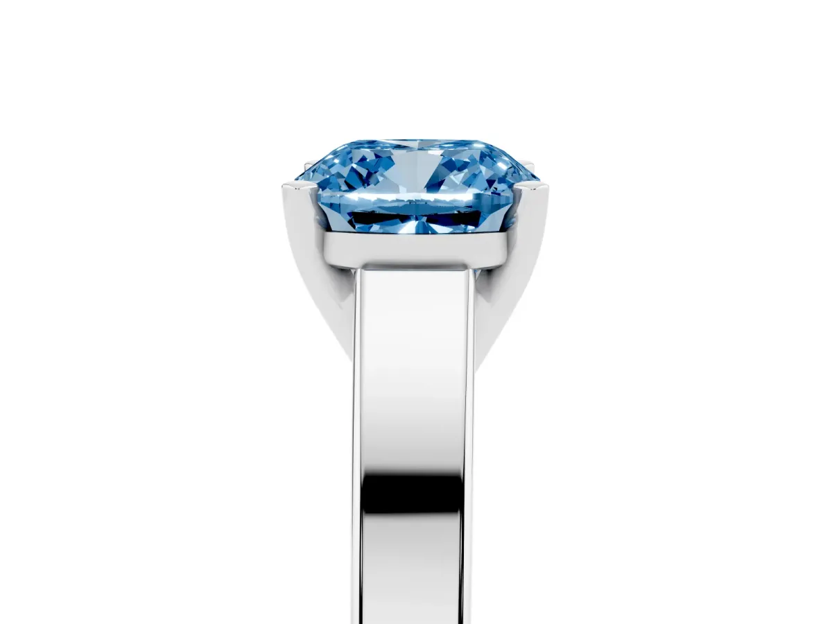 Fancy Blue Cushion Cut Solitaire Engagement Ring with Four-Prong Setting and Tapered Band Silver