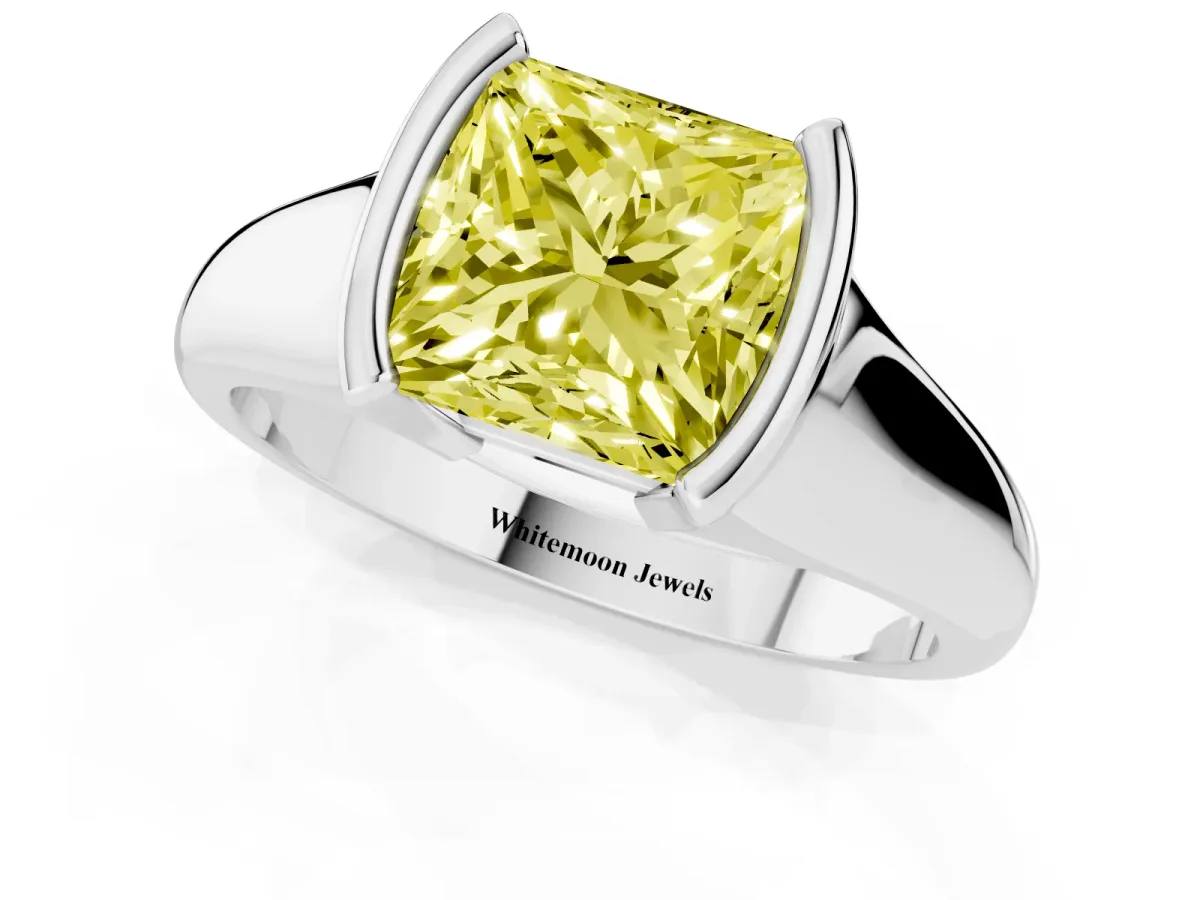 Fancy Yellow Princess Cut Solitaire Tension Set Diamond Ring with Split Shank Band Platinum